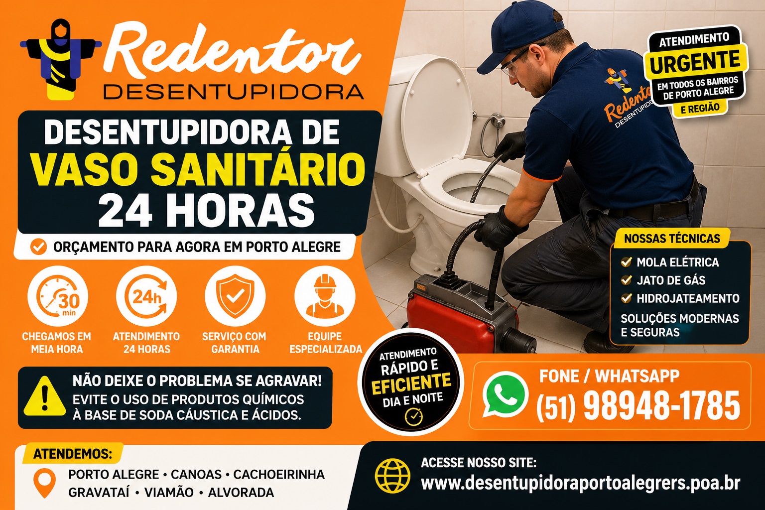 Desentupidora de vaso sanitário 24 horas em Porto Alegre com atendimento rápido, orçamento imediato e solução profissional garantida.