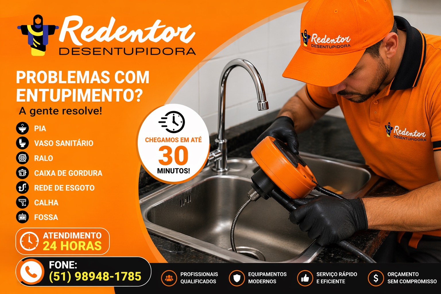 Desentupidora no Centro de Porto Alegre com atendimento em 30 minutos, serviço 24h e orçamento grátis para pia, vaso, ralo e esgoto.