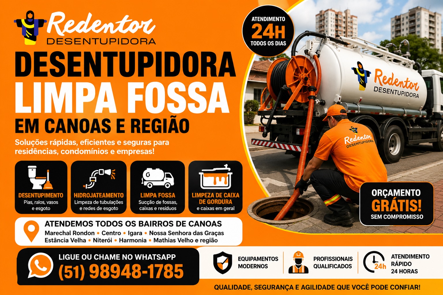 Desentupidora limpa fossa em Canoas com orçamento grátis. Atendimento em Marechal Rondon, Centro, Igara e mais bairros.