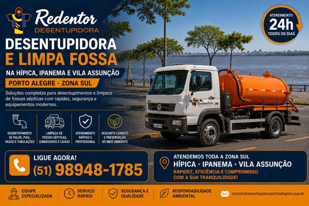 Desentupidora e limpa fossa na Hípica, Ipanema e Vila Assunção Porto Alegre Zona Sul com atendimento rápido e profissional.