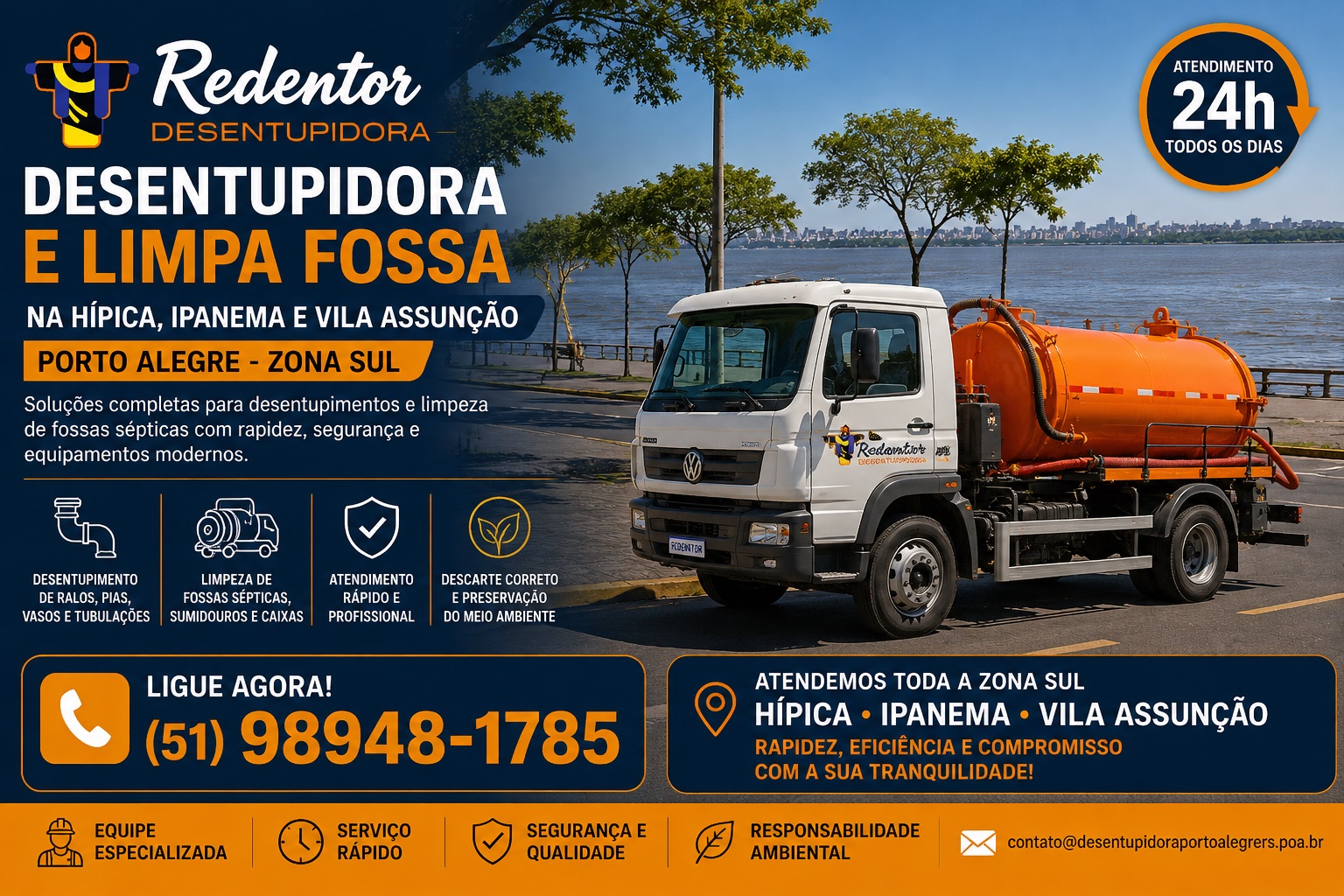 Desentupidora e limpa fossa na Hípica, Ipanema e Vila Assunção Porto Alegre Zona Sul com atendimento rápido e profissional.