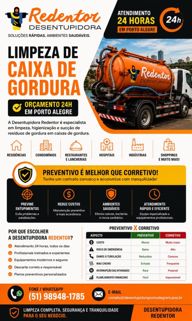 Limpeza de caixa de gordura: orçamento 24h em Porto Alegre com sucção, higienização e atendimento preventivo para empresas e residências.