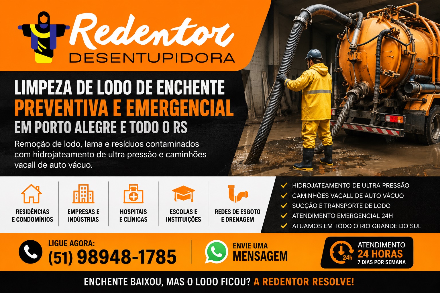 Limpeza de lodo de enchente preventiva e emergencial em Porto Alegre com hidrojateamento e caminhão vacall em todo RS.