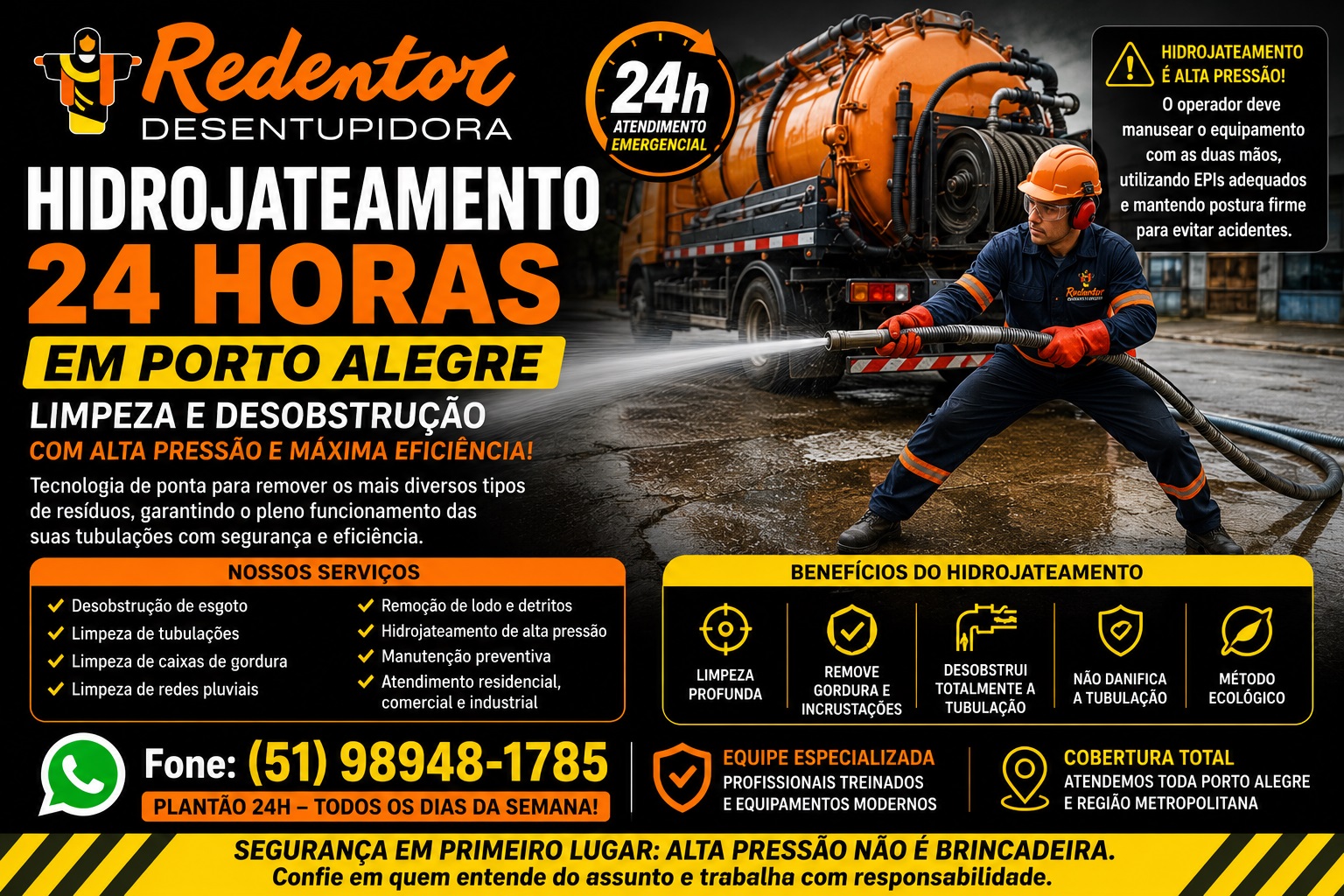 Serviço de hidrojateamento 24 horas em Porto Alegre para limpeza e desobstrução eficiente de redes e tubulações.