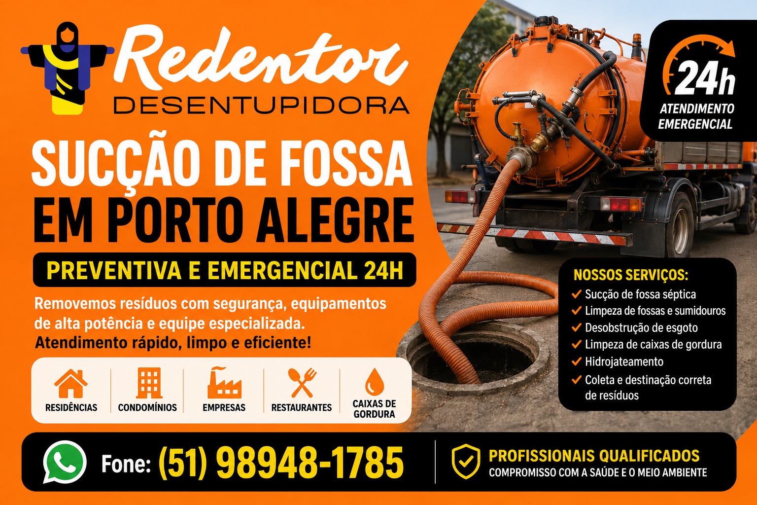 Orçamento de sucção de fossa em Porto Alegre com atendimento preventivo e emergencial 24h para residências e empresas.
